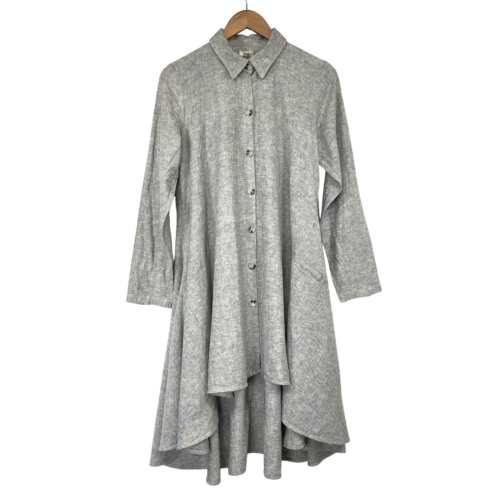 Ivy Jane Button Down Shirt Dress S Gray Linen Blend Pockets Lagenlook Artsy
